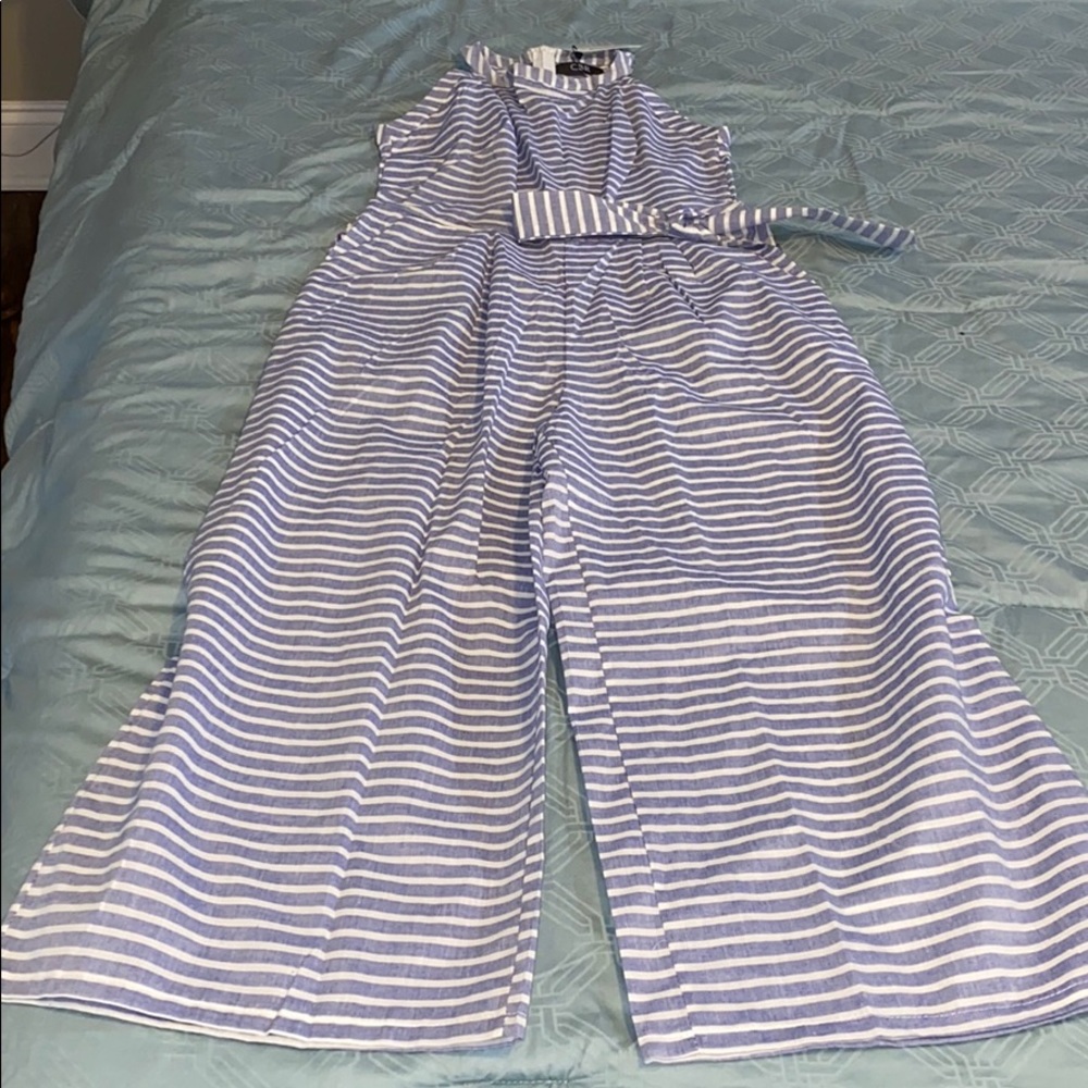 Blue white striped jump suit